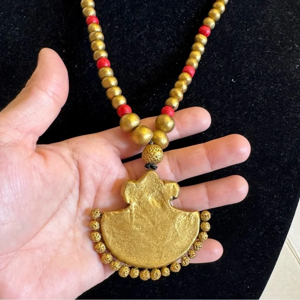 Terracotta Necklace Indian Bollywood Style Gold Red Temple Wedding Jewelry - Picture 6 of 16